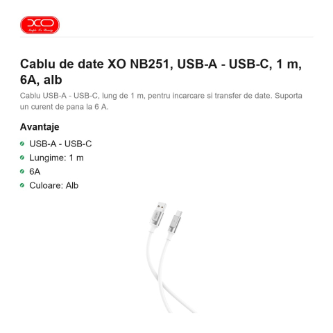 Cablu de date XO NB251, USB-A - USB-C, 1 m, 6A, alb [1]