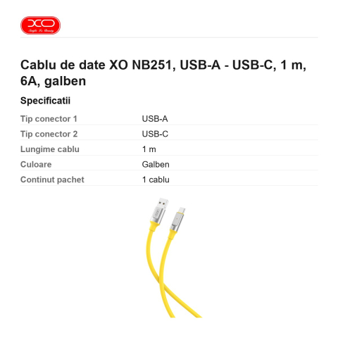 Cablu de date XO NB251, USB-A - USB-C, 1 m, 6A, galben [2]