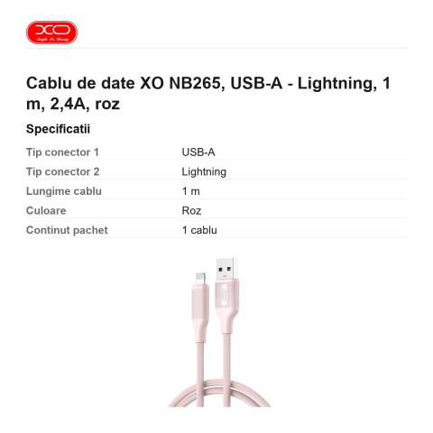 Cablu de date XO NB265, USB-A - Lightning, 1 m, 2,4A, roz [2]