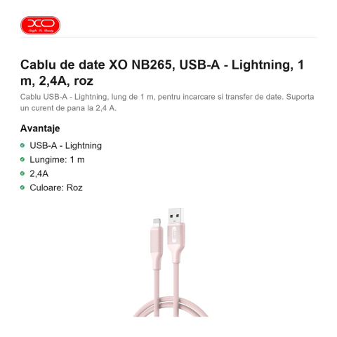 Cablu de date XO NB265, USB-A - Lightning, 1 m, 2,4A, roz [1]