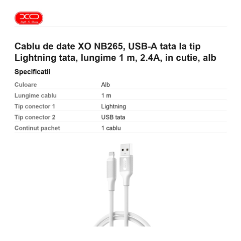 Cablu de date XO NB265, USB-A tata la tip Lightning tata, lungime 1 m, 2.4A, in cutie, alb [2]