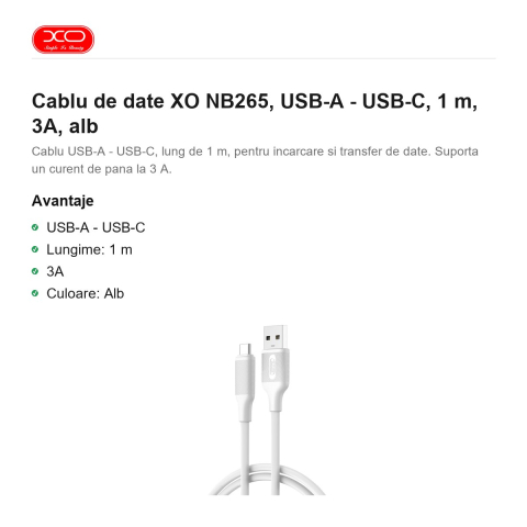 Cablu de date XO NB265, USB-A - USB-C, 1 m, 3A, alb [1]