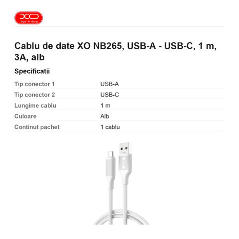 Cablu de date XO NB265, USB-A - USB-C, 1 m, 3A, alb [2]