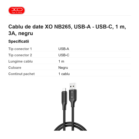 Cablu de date XO NB265, USB-A - USB-C, 1 m, 3A, negru [2]