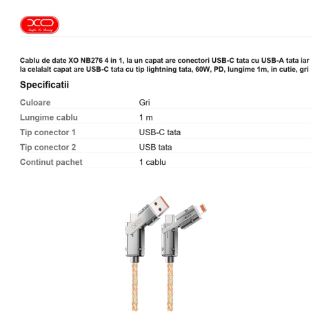 Cablu de date XO NB276 4 in 1, la un capat are conectori USB-C tata cu USB-A tata iar la celalalt capat are USB-C tata cu tip lightning tata, 60W, PD, lungime 1m, in cutie, gri [2]