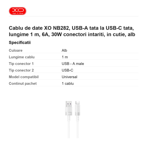 Cablu de date XO NB282, USB-A tata la USB-C tata, lungime 1 m, 6A, 30W conectori intariti, in cutie, alb [2]