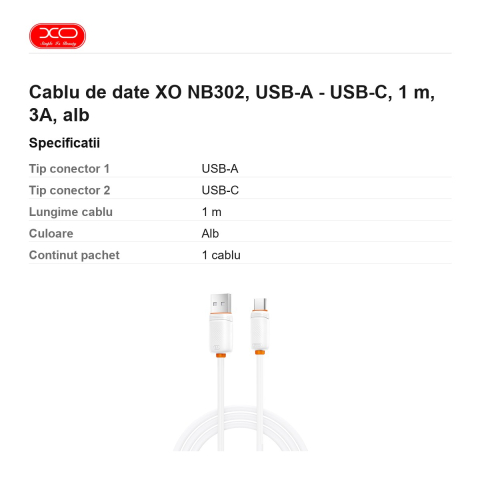 Cablu de date XO NB302, USB-A - USB-C, 1 m, 3A, alb [2]