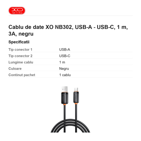 Cablu de date XO NB302, USB-A - USB-C, 1 m, 3A, negru [2]