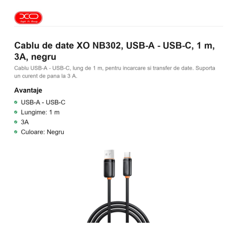 Cablu de date XO NB302, USB-A - USB-C, 1 m, 3A, negru [1]