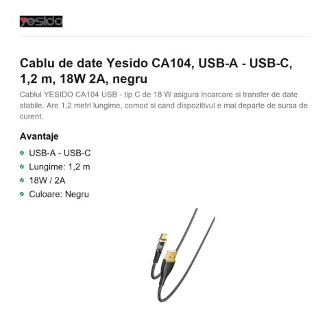 Cablu de date Yesido CA104, USB-A - USB-C, 1,2 m, 18W 2A, negru [1]