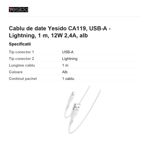 Cablu de date Yesido CA119, USB-A - Lightning, 1 m, 12W 2,4A, alb [2]