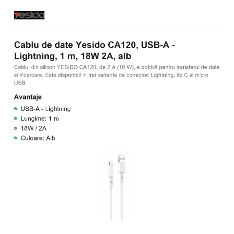 Cablu de date Yesido CA120, USB-A - Lightning, 1 m, 18W 2A, alb [1]
