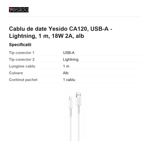 Cablu de date Yesido CA120, USB-A - Lightning, 1 m, 18W 2A, alb [2]