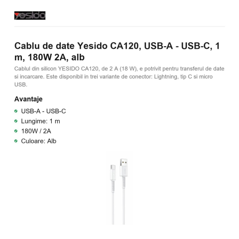 Cablu de date Yesido CA120, USB-A - USB-C, 1 m, 180W 2A, alb [1]