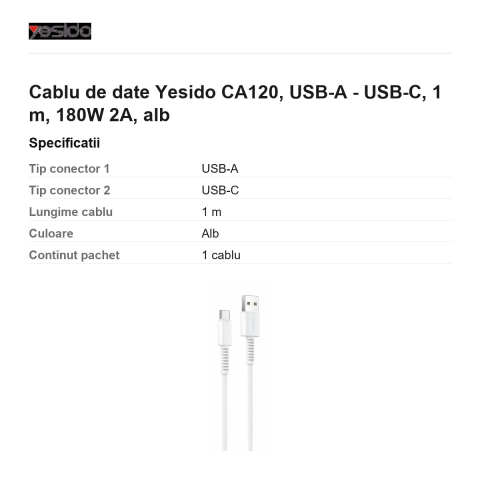 Cablu de date Yesido CA120, USB-A - USB-C, 1 m, 180W 2A, alb [2]