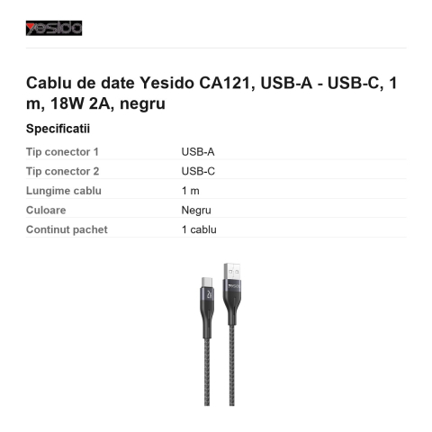 Cablu de date Yesido CA121, USB-A - USB-C, 1 m, 18W 2A, negru [2]
