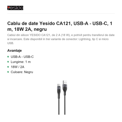 Cablu de date Yesido CA121, USB-A - USB-C, 1 m, 18W 2A, negru [1]