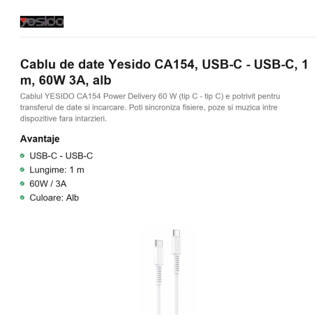 Cablu de date Yesido CA154, USB-C - USB-C, 1 m, 60W 3A, alb [1]
