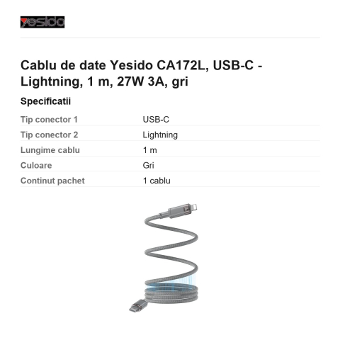 Cablu de date Yesido CA172L, USB-C - Lightning, 1 m, 27W 3A, gri [2]