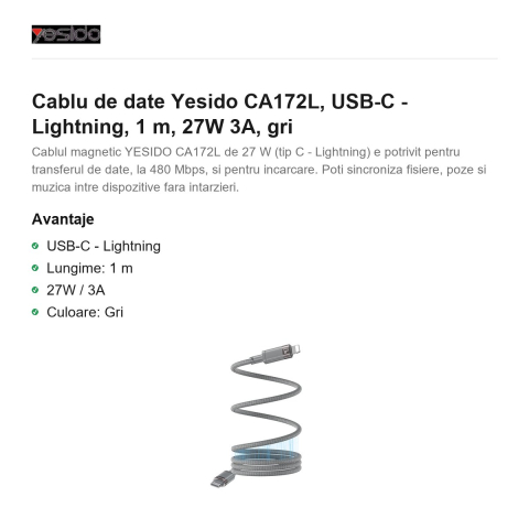 Cablu de date Yesido CA172L, USB-C - Lightning, 1 m, 27W 3A, gri [1]