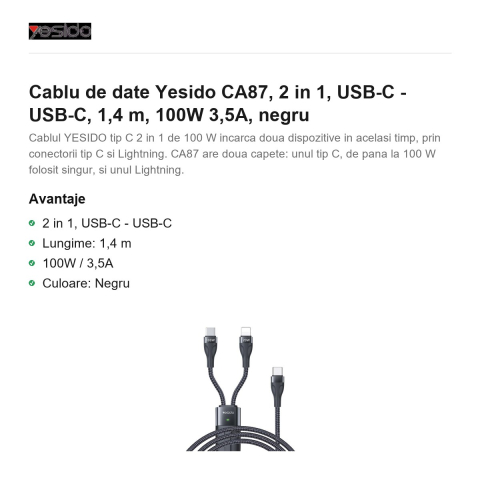 Cablu de date Yesido CA87, 2 in 1, USB-C - USB-C, 1,4 m, 100W 3,5A, negru [1]