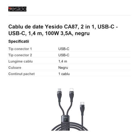 Cablu de date Yesido CA87, 2 in 1, USB-C - USB-C, 1,4 m, 100W 3,5A, negru [2]