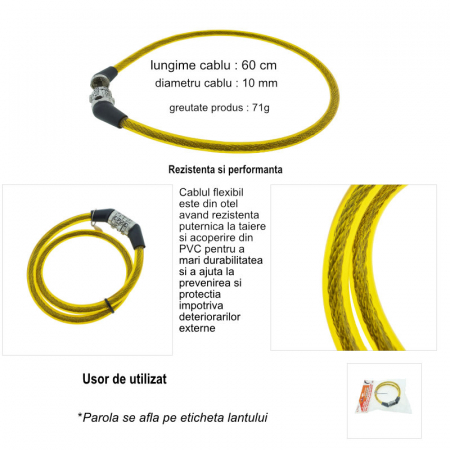 Antifurt bicicleta, de siguranta si protejare, lungime 60 cm, inchidere cu cifru, invelis flexibil din PVC siliconat galben [5]