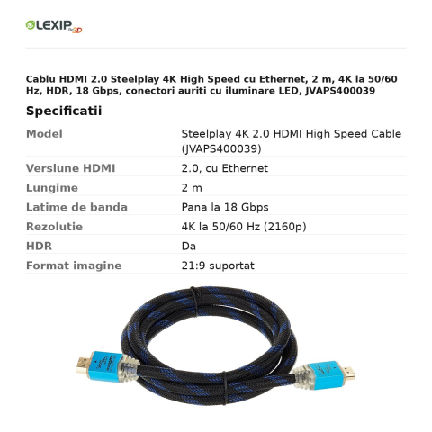 Cablu HDMI 2.0 Steelplay 4K High Speed cu Ethernet, 2 m, 4K la 50/60 Hz, HDR, 18 Gbps, conectori auriti cu iluminare LED, JVAPS400039 [2]
