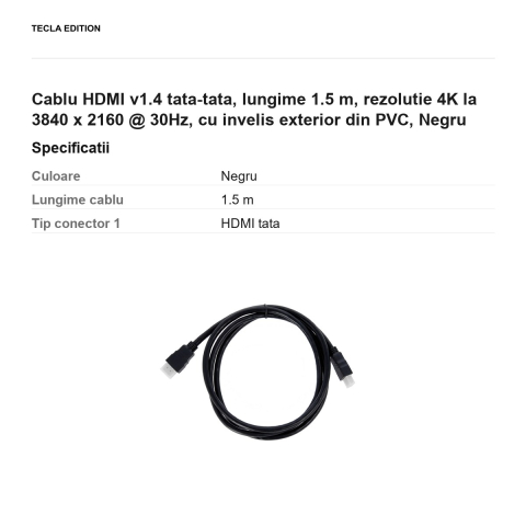 Cablu HDMI v1.4 tata-tata, lungime 1.5 m, rezolutie 4K la 3840 x 2160 @ 30Hz, cu invelis exterior din PVC, Negru [2]