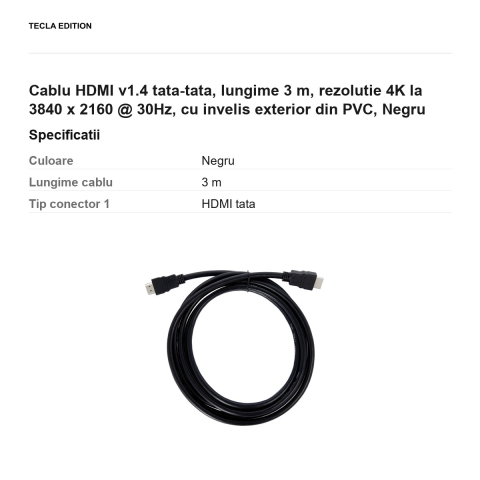 Cablu HDMI v1.4 tata-tata, lungime 3 m, rezolutie 4K la 3840 x 2160 @ 30Hz, cu invelis exterior din PVC, Negru [2]