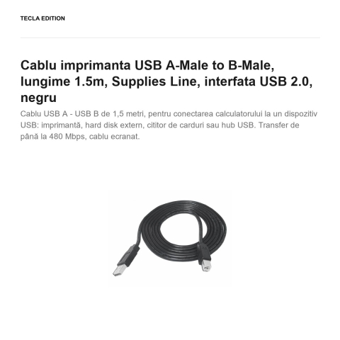 Cablu imprimanta USB A-Male to B-Male, lungime 1.5m, Supplies Line, interfata USB 2.0, negru [1]