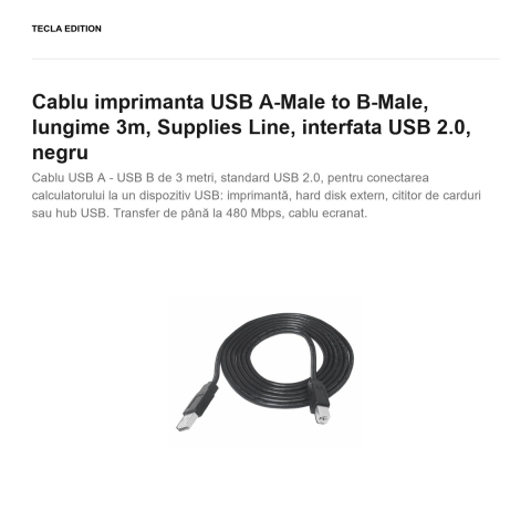 Cablu imprimanta USB A-Male to B-Male, lungime 3m, Supplies Line, interfata USB 2.0, negru [1]