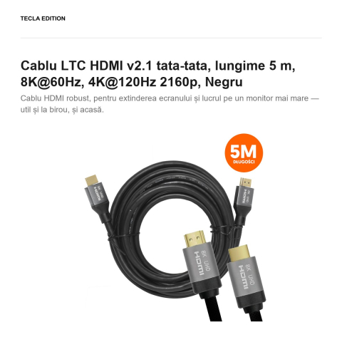 Cablu LTC HDMI v2.1 tata-tata, lungime 5 m, 8K@60Hz, 4K@120Hz 2160p, Negru [1]