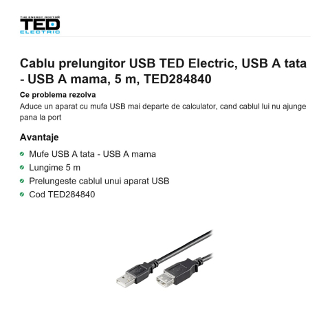Cablu prelungitor USB TED Electric, USB A tata - USB A mama, 5 m, TED284840 [1]