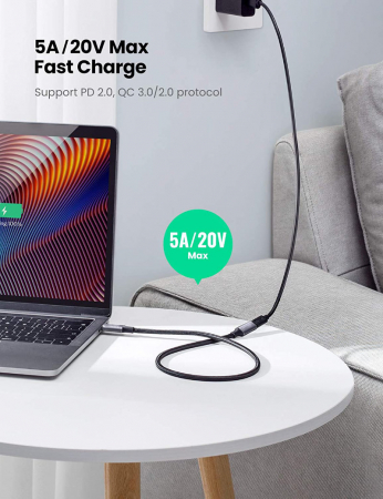 Cablu premium prelungitor USB 3.1 Gen 2 tip C tata la USB tip C mama, 100 cm, Revolution 106, PD, 20V 5A 100W, 10 Gbps, carcasa aluminiu, negru cu argintiu [6]