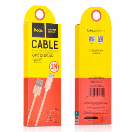 Cablu prevazut cu conectori USB tata si USB tip C tata, Hoco X2 Knitted, 2.4A, lungime 1m, auriu [4]