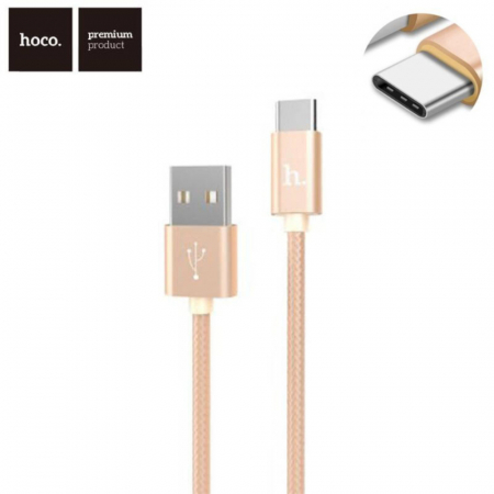 Cablu prevazut cu conectori USB tata si USB tip C tata, Hoco X2 Knitted, 2.4A, lungime 1m, auriu [1]