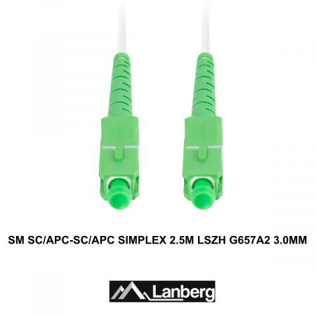 Cablu retea fibra optica cu lungime 2.5 m si conectori SC/APC-SC/APC, Lanberg Z43082, SM, SIMPLEX 3.0MM G657A2 LSZH, alb [2]
