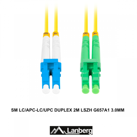 Cablu retea fibra optica cu lungime 2 m si conectori LC/APC-LC/UPC, Lanberg Z32317, SM, DUPLEX 3.0MM G657A1 LSZH, galben [2]