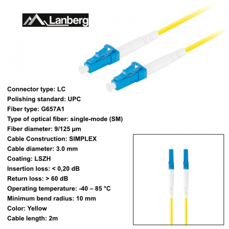 Cablu retea fibra optica cu lungime 2 m si conectori LC/UPC-LC/UPC, Lanberg Z43311, SM, SIMPLEX 3.0MM G657A1 LSZH, galben [5]