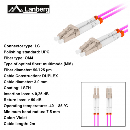 Cablu retea fibra optica cu lungime 2 m si conectori LC/UPC-LC/UPC, Lanberg Z32332, MM, DUPLEX 3.0MM OM4 50/125 LSZH, violet [5]