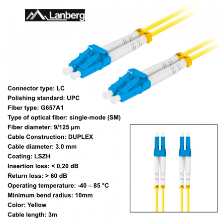 Cablu retea fibra optica cu lungime 3 m si conectori LC/UPC-LC/UPC, Lanberg Z32294, SM, DUPLEX 3.0MM G657A1 LSZH, galben [5]