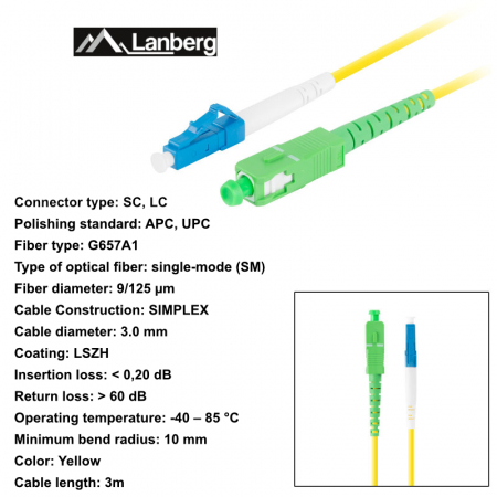 Cablu retea fibra optica cu lungime 3 m si conectori LC/UPC-SC/APC, Lanberg Z43304, SM, SIMPLEX 3.0MM G657A1 LSZH, galben [5]