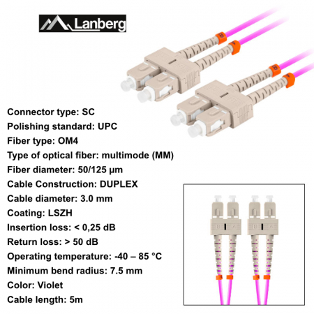 Cablu retea fibra optica cu lungime 5 m si conectori SC/UPC-SC/UPC, Lanberg Z43332, MM, DUPLEX 3.0MM OM4 50/125 LSZH, violet [5]