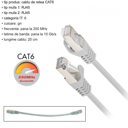 Cablu retea-patchcord CAT6 FTP, Lanberg 43612, 2 X RJ45, lungime 25cm, AWG26, 10Gb/s-250MHz, de legatura retea, ethernet, gri [5]
