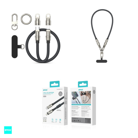 Cablu tip snur de gat, conectori USB-C tata la tip lightning tata, lungime 1.2 m, 27 W, BWOO Lanyard Data Cable, cu insertie si carabina de prindere inclusa pentru montarea la carcasa telefonului, in  [3]