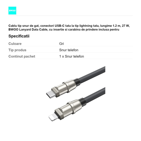 Cablu tip snur de gat, conectori USB-C tata la tip lightning tata, lungime 1.2 m, 27 W, BWOO Lanyard Data Cable, cu insertie si carabina de prindere inclusa pentru montarea la carcasa telefonului, in  [2]