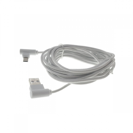 USB la microUSB - Cablu USB 2.0 la microUSB, unghi 90 grade la ambele capete, 300 cm lungime, invelis textil, alb