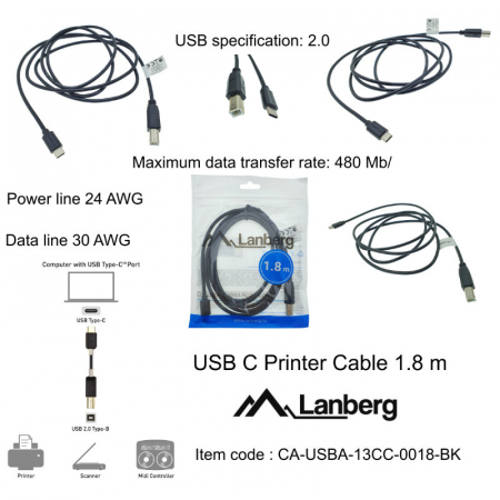 Cablu USB tip C imprimanta USB 2.0, 1.8 m, Lanberg 42977, USB B la USB-C, negru [5]