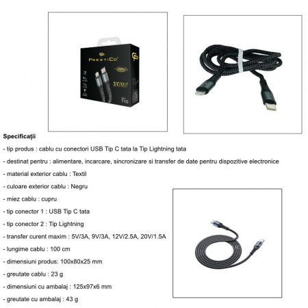 Cablu USB Tip C tata la conector tip lightning, PrestiCo T10, PD 30W, lungime 100 cm, negru [6]